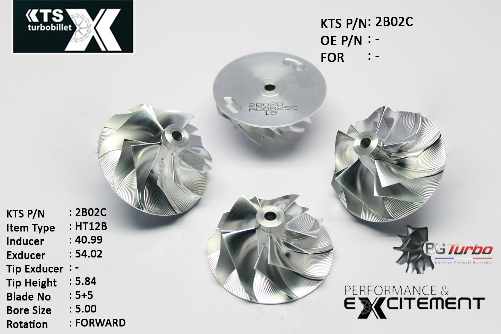 Turbo ROUE FORGÉE MFS PERFORMANCE - 5+5 PALES - INDUCER : 40,99 - EXDUCER : 54,02 - TYPE : HT12BANGLE : 45° - ROTATION : Forward - SUPER BACK : 0,18 - BORE SIZE : 5
